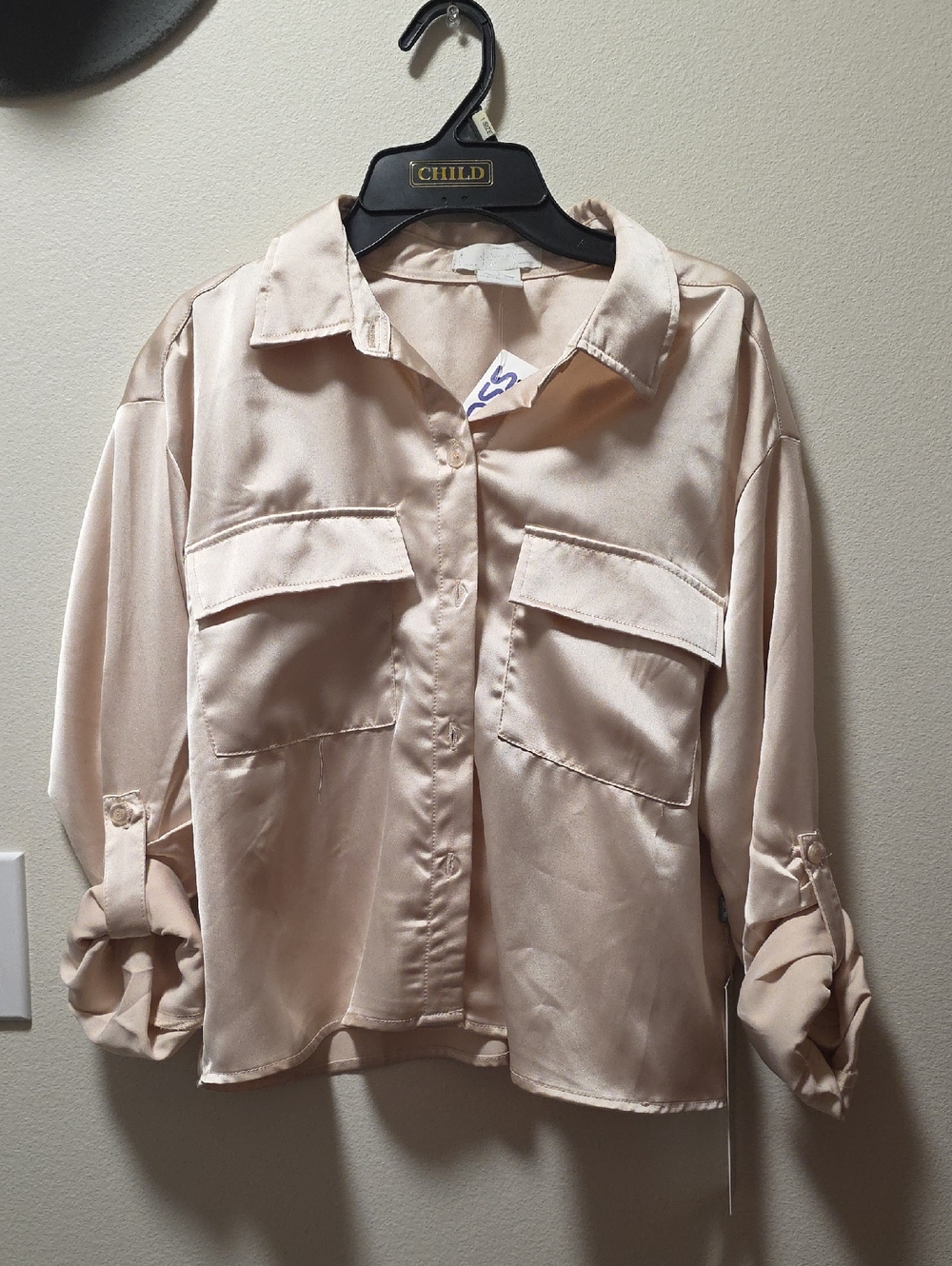 Satin Button-Front Shirt Jacket in Light Beige - Unbranded